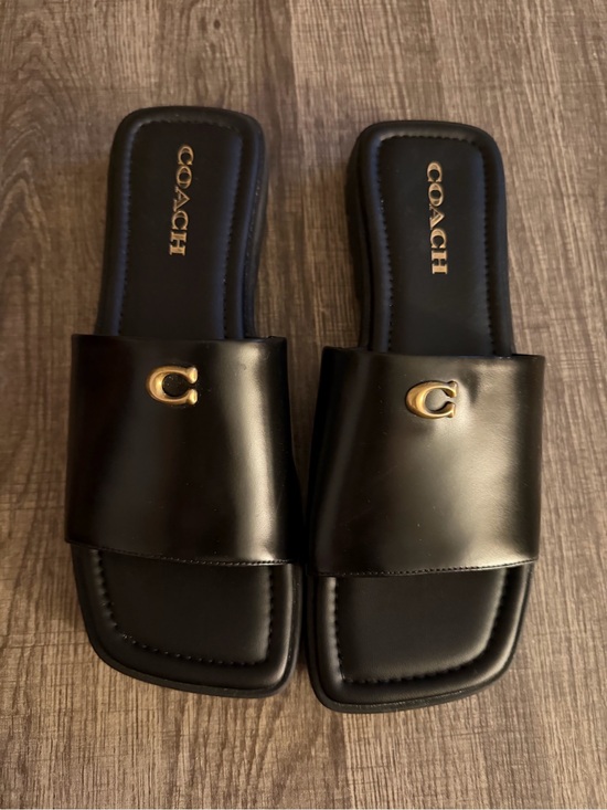 Coach Shoes - Coach Black Leather Slide Sandals with Gold 'C' Accent